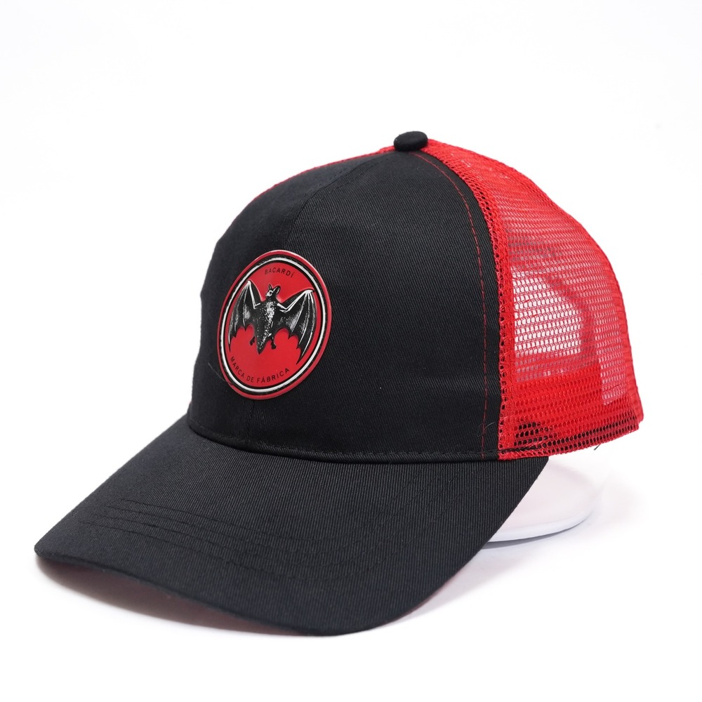 Bacardi‎ Trucker Hat Mens OSFA Black Red Bat Logo Mesh Snapback Cap